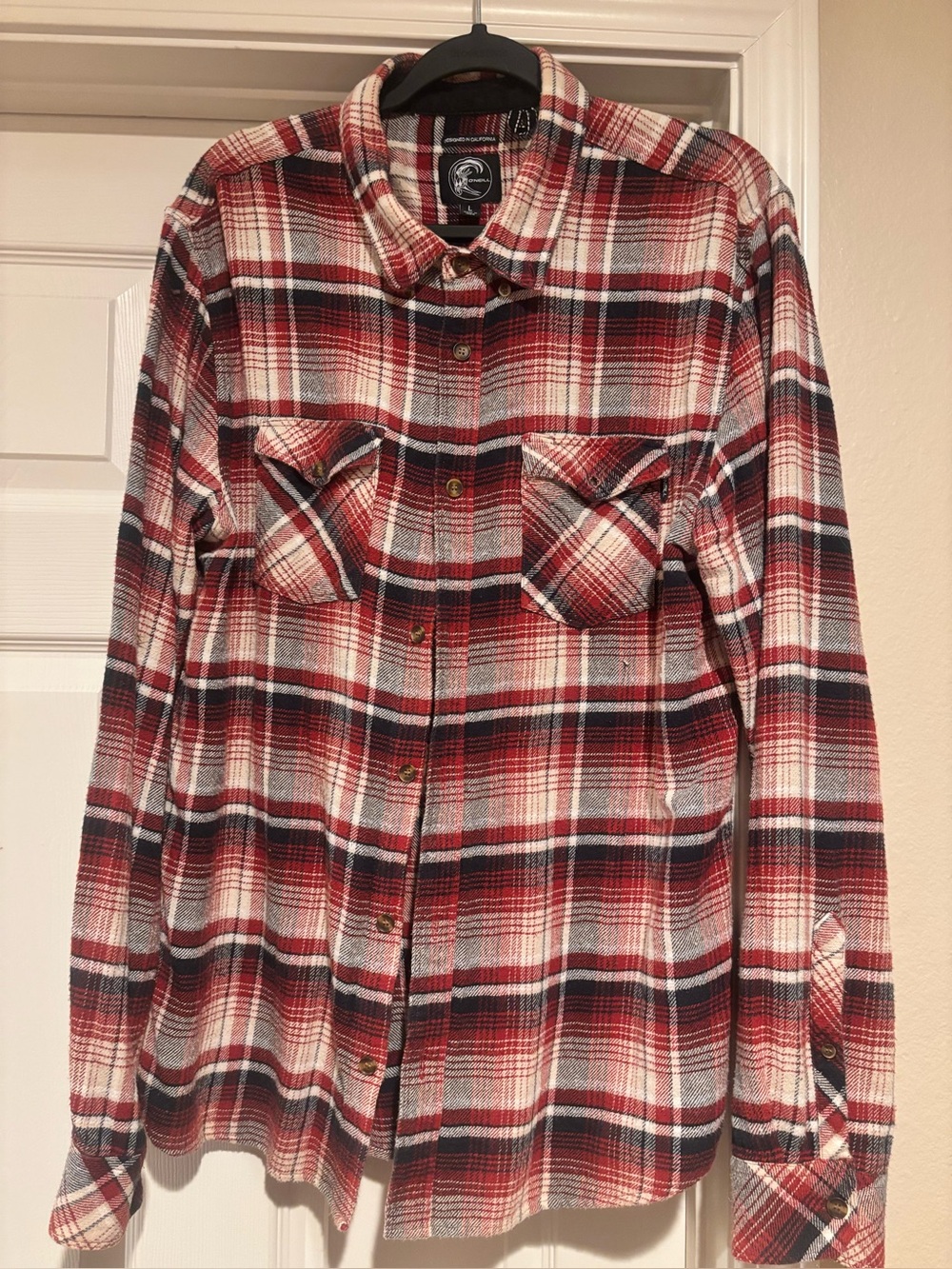 O'Neill Red and Black Plaid Button-Down Shirt L